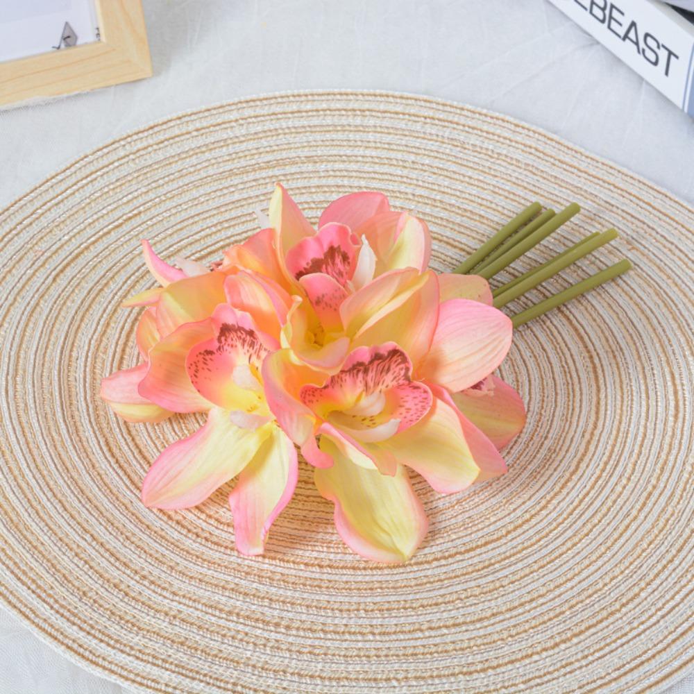 6 Heads Artificial Cymbidium Flowers Real Touch Magnolia Branch Birthday Decor