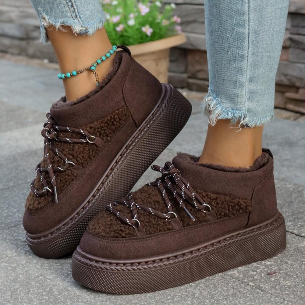 Модные женские круглые короткие ботинки с носком внахлест, плюшевой шнуровкой спереди на платформе, нескользящие износостойкие хлопковые ботинки 2025 Зимние сапоги для снега