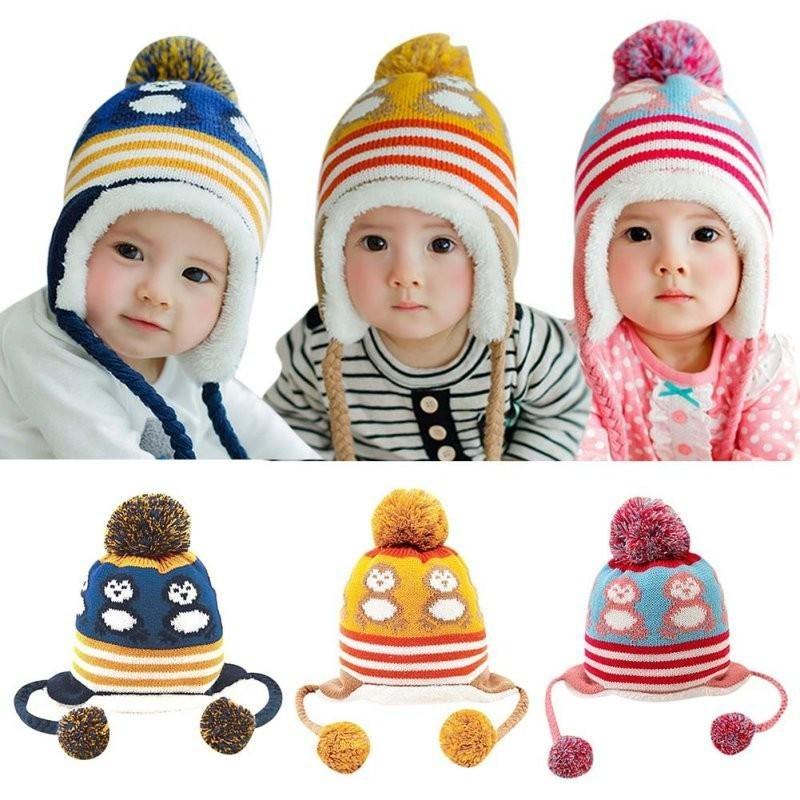 Cute Baby Toddler Girls Boys Penguin Fur Ball Knitted Winter Warm Cap With Elegant Design