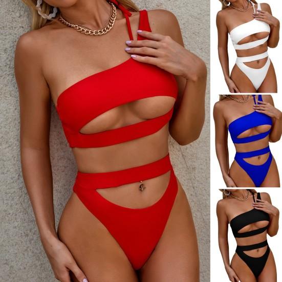 2Pcs/Set Women Sexy Bikini Set One Shoulder Hollow Sling Bra High Waist
