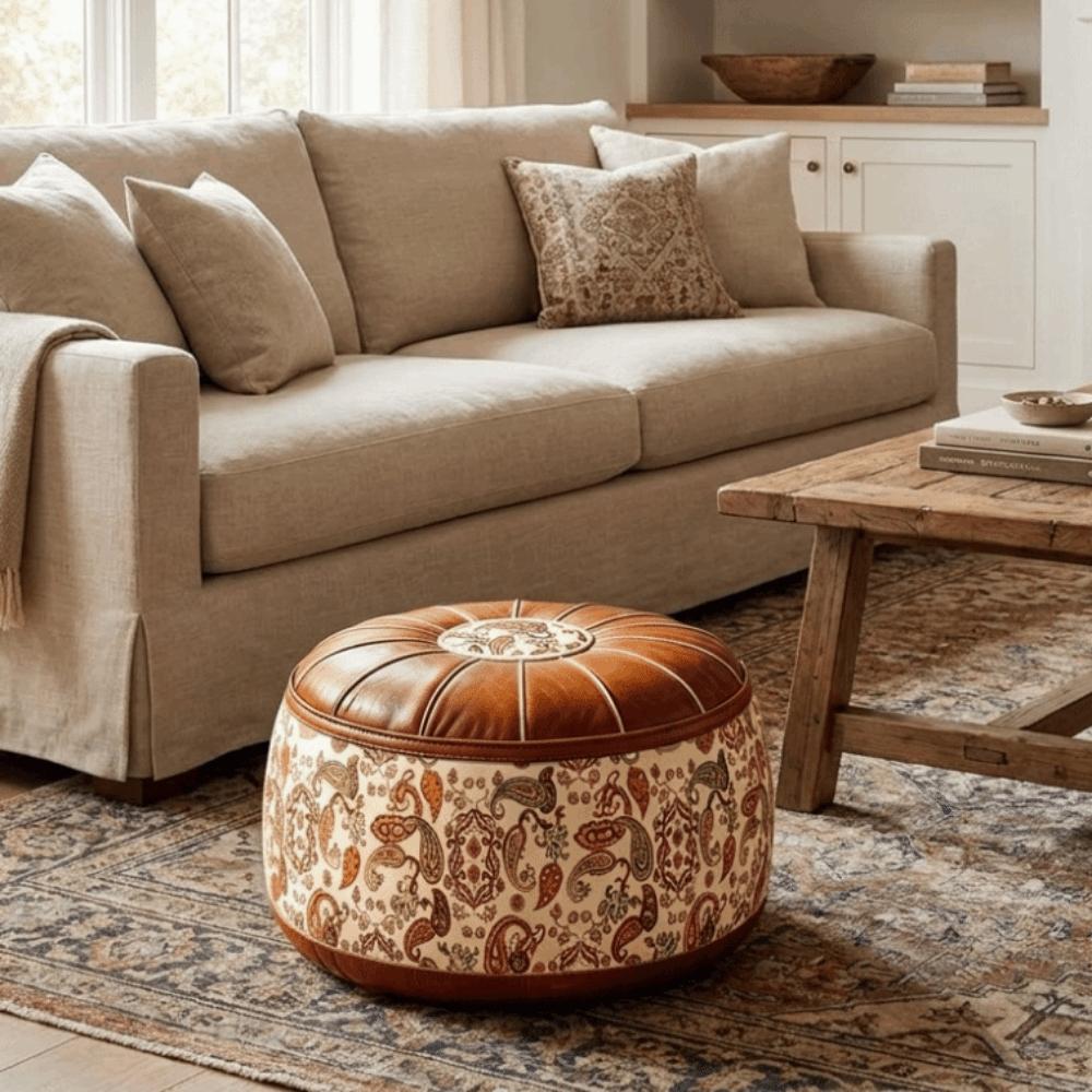 Vintage Sofa Stool Cover Unstuffed Round Footstool Cover Large Opening Pouf Cover for Living Room