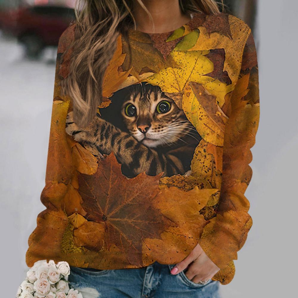 Women's T Shirts 3d Print Art Design Cat Pattern Long Sleeve Daily Weekend Fashion Funny Round Neck Regular Fit Spring & Fall