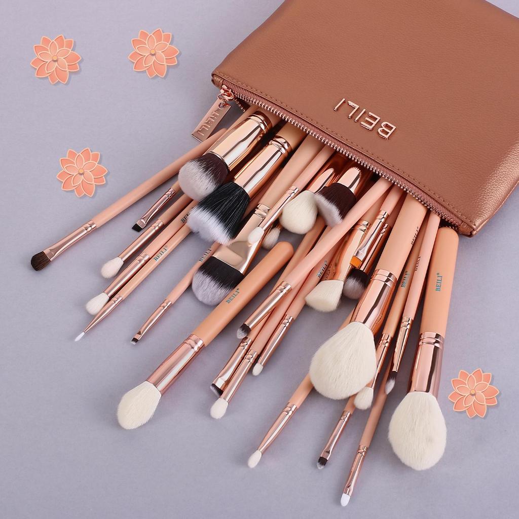 BEILI Розовые кисти для макияжа, высококачественная пудра, основа, румяна, тени для век, набор кистей для макияжа, натуральные волосы с сумкой