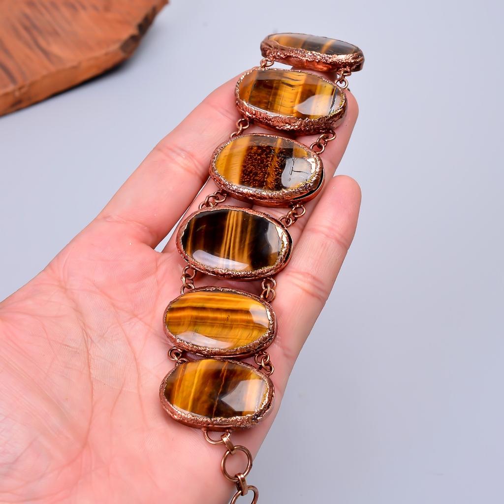 Natural Tiger Eye Copper Electroformed Statement Sacral Chakra Bracelet Jewelry V-75