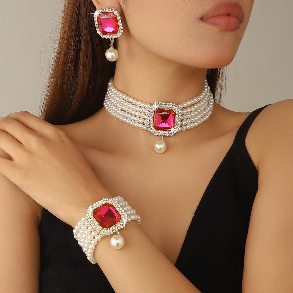 3Pcs/set Elegant Women'S Fashion Jewelry Set Imitation Pearl Rhinestone Jewelry Set Party