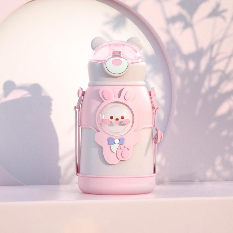 Kawaii термос, милая бутылка для воды для детей, школьная кофейная кружка для девочек с соломой, термосы из нержавеющей стали 316 с изоляцией