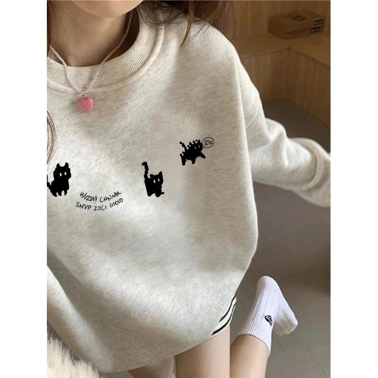 White gray round neck pullover sweater women's new popular autumn and winter velvet loose large size top jacket tide