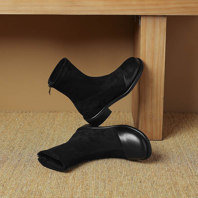 Krazing Pot Флок Осенне-зимняя обувь Низкий каблук Размер 43 Стрейч-сапоги Задняя вставка Прямой стиль Эластичные ботильоны