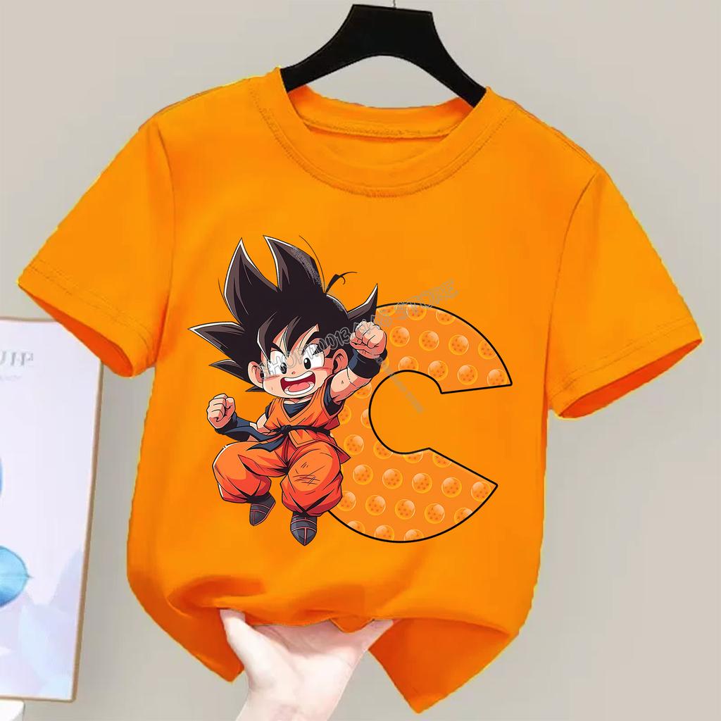 Детская футболка Dragon Ball Goku Мультяшная с буквами от A до Z Топ для мальчиков и девочек Оранжевая одежда Новая детская одежда с коротким рукавом Подарок
