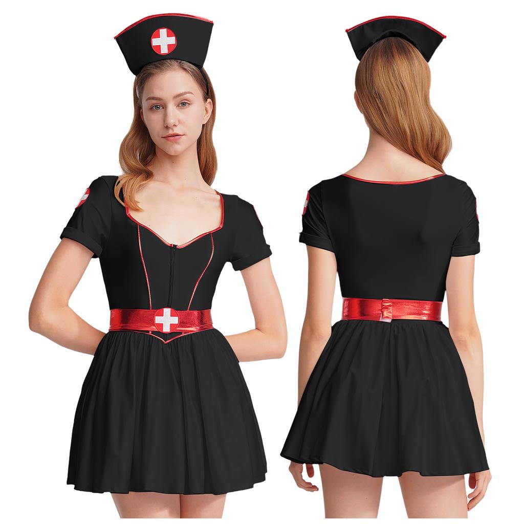Women's Nurse Cosplay Costume Uniform Short Sleeve Dress with Headband and Belt Halloween Outfit