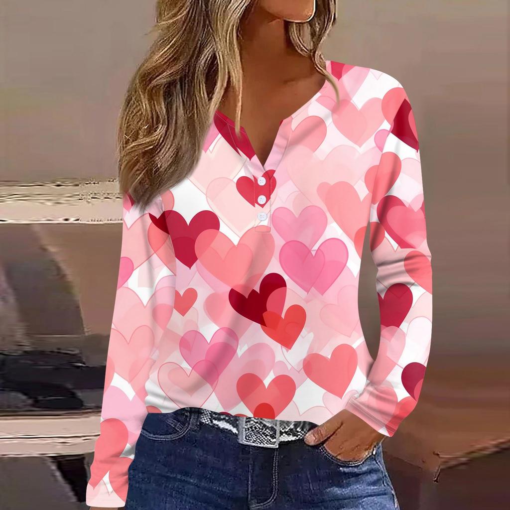 Женская футболка с принтом ко Дню святого Валентина, туника с длинным рукавом и пуговицами, повседневная мода на выходные, базовый топ с V-образным вырезом