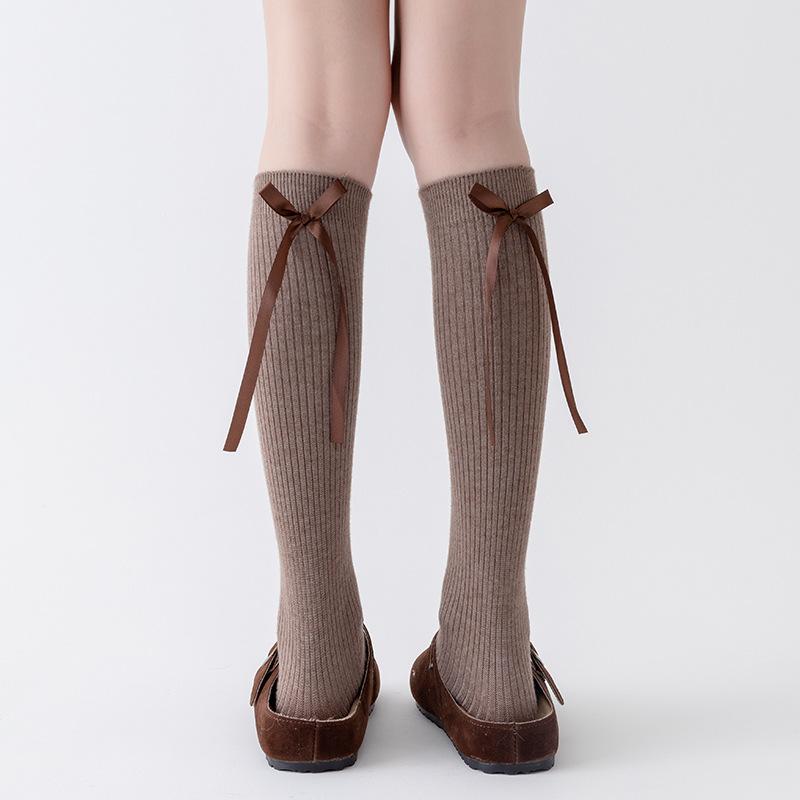 Осенне-зимние кашемировые носки до икр, женские с лентами-бантами, теплые утолщенные до колена, для стройности в сочетании с ботинками, универсальные чулки до бедра