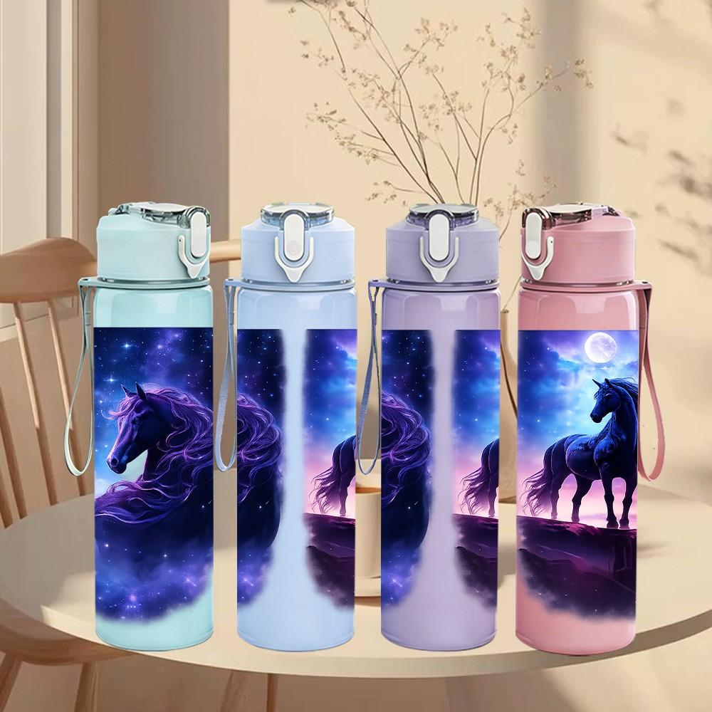 1PC Dark Galaxy Wolf Horse Fantasy Art 750ml Color Plastic Sports Water Bottle Leakproof Flip Straw Lid Suitable for Sports Office Home Use