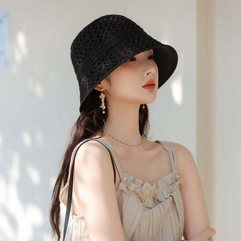Temperament Knitted Bucket Hat Breathable Woven Fisherman Hat Fashion Sunshade Basin Cap  Daily