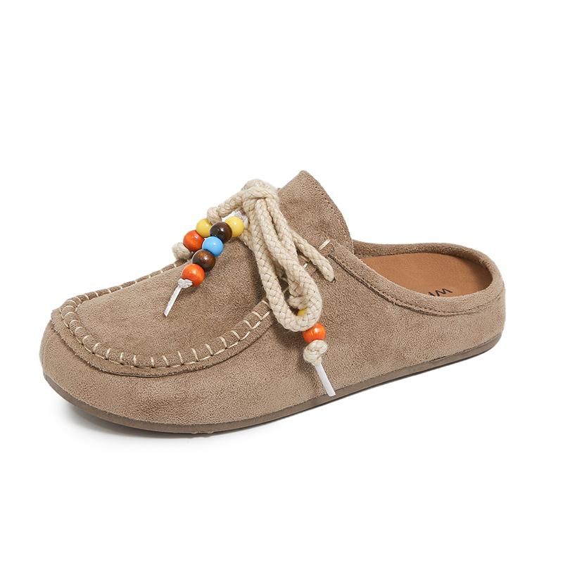 Женские туфли на плоской подошве с закрытым носком, с ремешком сзади, на шнуровке, с бисером, слипоны, с внутренней платформой, тапочки, универсальные, ретро, замшевые, женские туфли