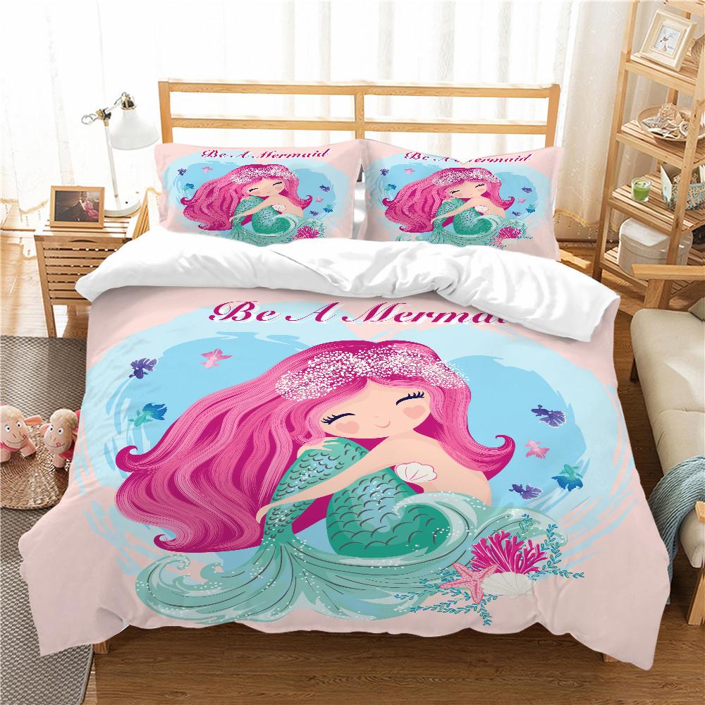 Mermaid Bedding 3D Girl Princess Room Duvet Cover Pillowcase 2/3pcs Single/double Bed Full-size Home Textile Girl Woman Gift