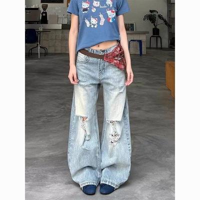 JYL TS Slub Distressed Curved Denim Jeans,Loose Wide Leg Trousers For Unisex Summer Street Hip Hop