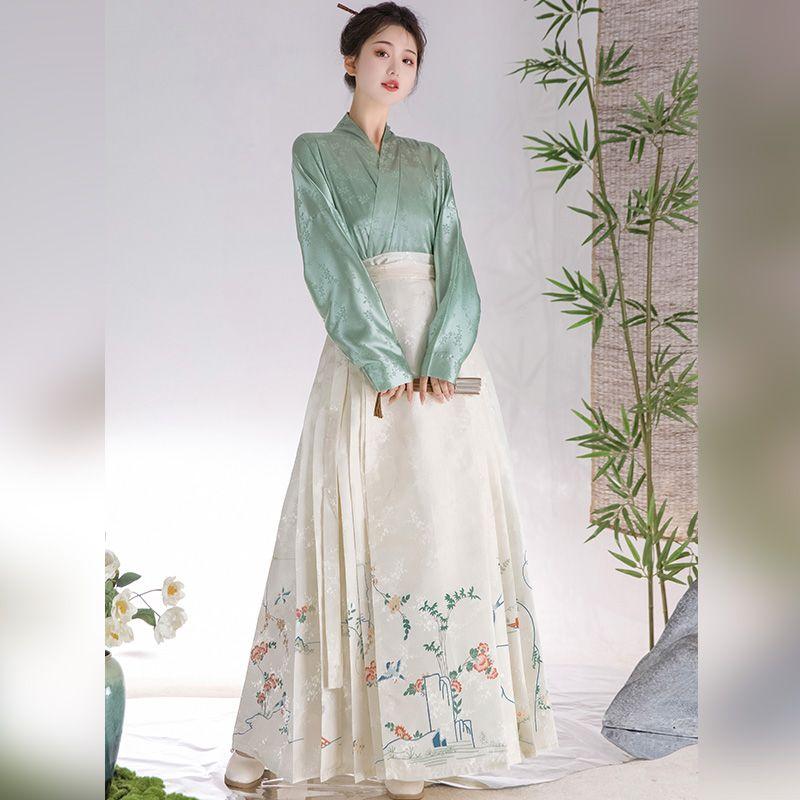 Women Ming Dynasty Hanfu Set Floral Bird Mamian Skirt Jacquard Plane Sleeve Top Traditional Chinese Outfit