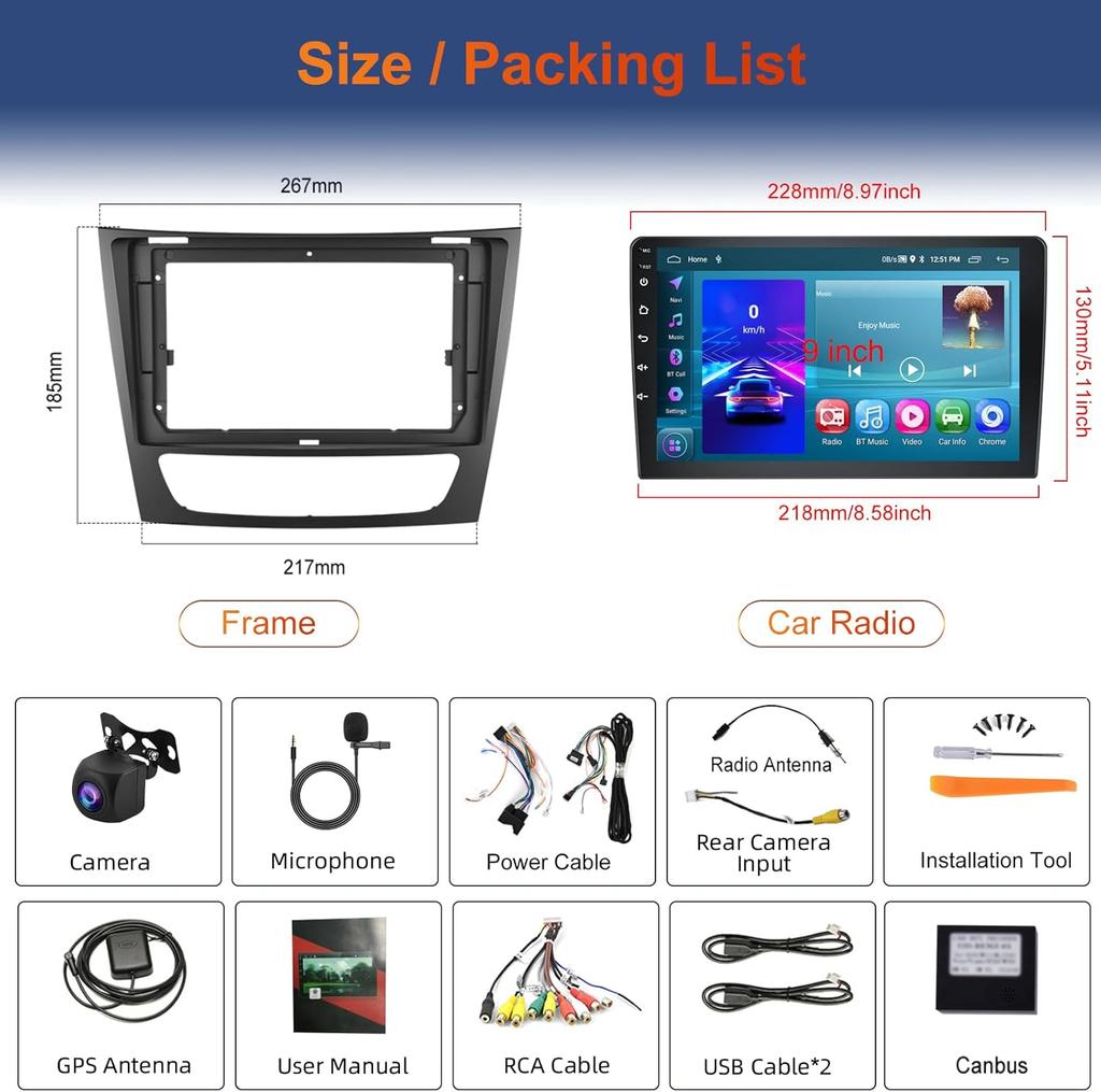 9in Android 15 Car Radio Stereo Player 6+128G with Carplay Android for Mercedes-Benz E Class CLS W211 W219 2005-2008 Accessories