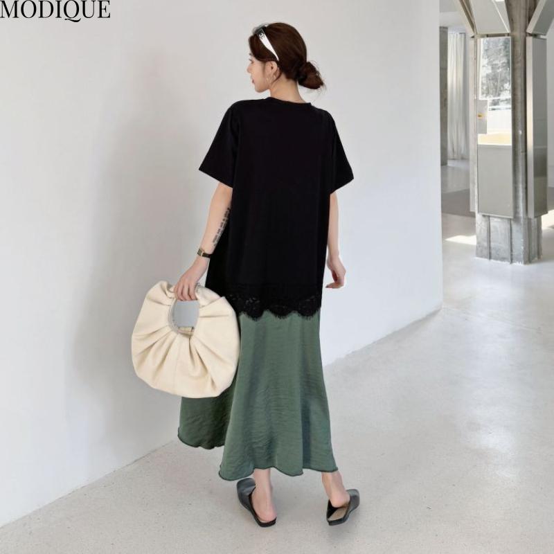 MODIQUE Summer Plus Size New Women Loose Elegant Printing Lace Pleated Patchwork Long Dress Female Casual Short Sleeve O-Neck Dresses