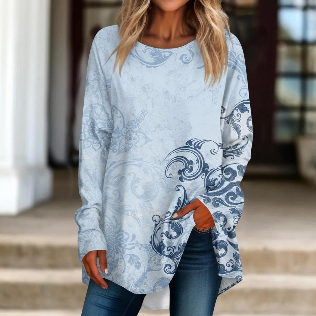 Women's Casual  Plus Size Long Sleeved Round Neck Printed T-shirt Top Pullover