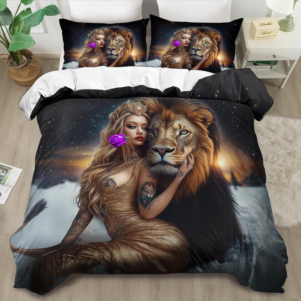 Open Lion Beauty Theme Down Comforter Cover Set - 2/3pcs, Soft And Comfortable Breathable, Fantasy Beauty Pattern Printed Bedding, Beast Bea