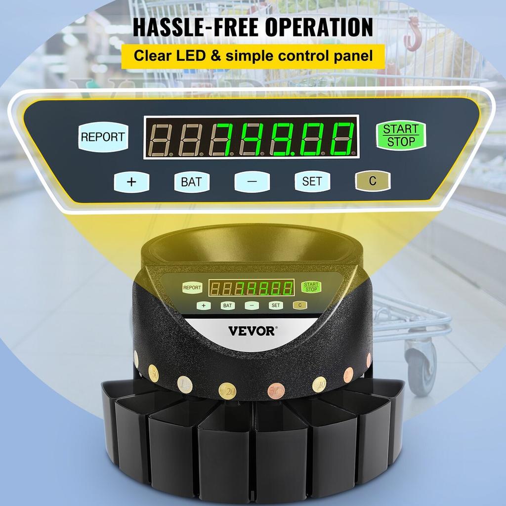 Euro Coin Counter Sorter 500-1000 Coins Electronic Automatic EUR Coin Counting Machine 300 Coins Per Minute with 8 Coin Drawers for School Shop Bank