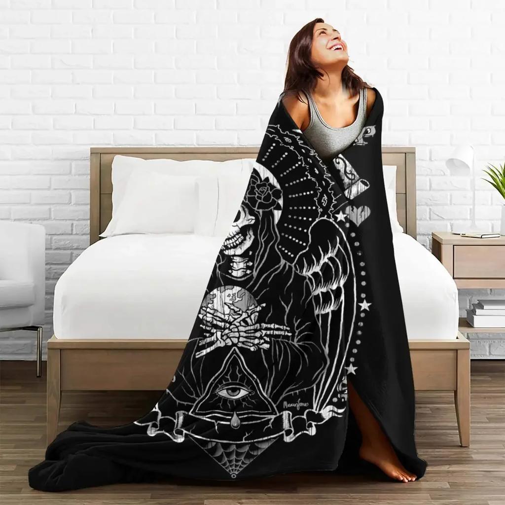 Holy Death Santa Muerte Skull Blanket Velvet Horror Halloween Ultra-Soft Throw Blankets for Airplane Travel Bedroom Quilt