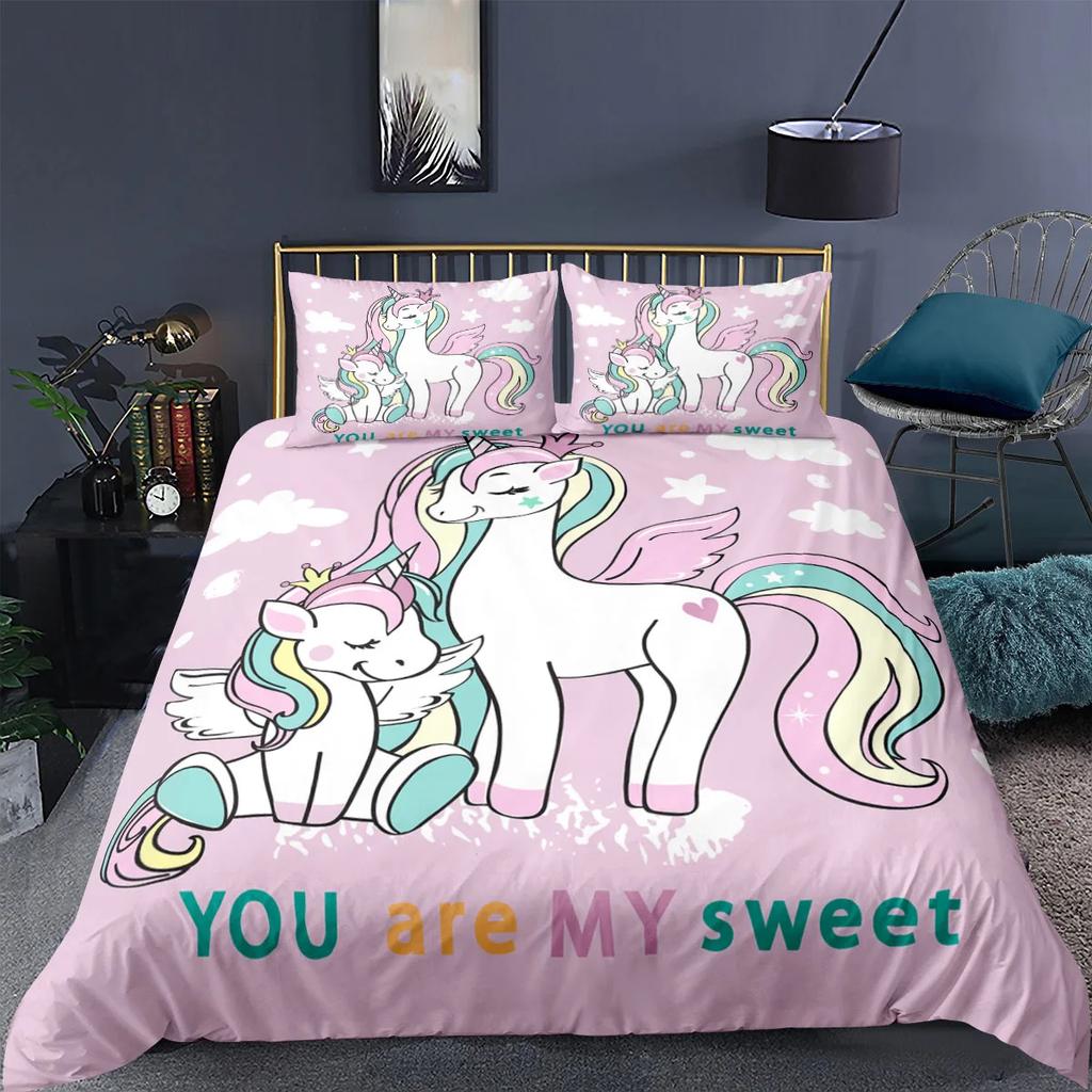 Unicorn Bedding Set King Queen White Pink Unicorn Duvet Cover For Girls Boys Dreamy Cartoon Sparkle Lilac Polyester Quilt Cover