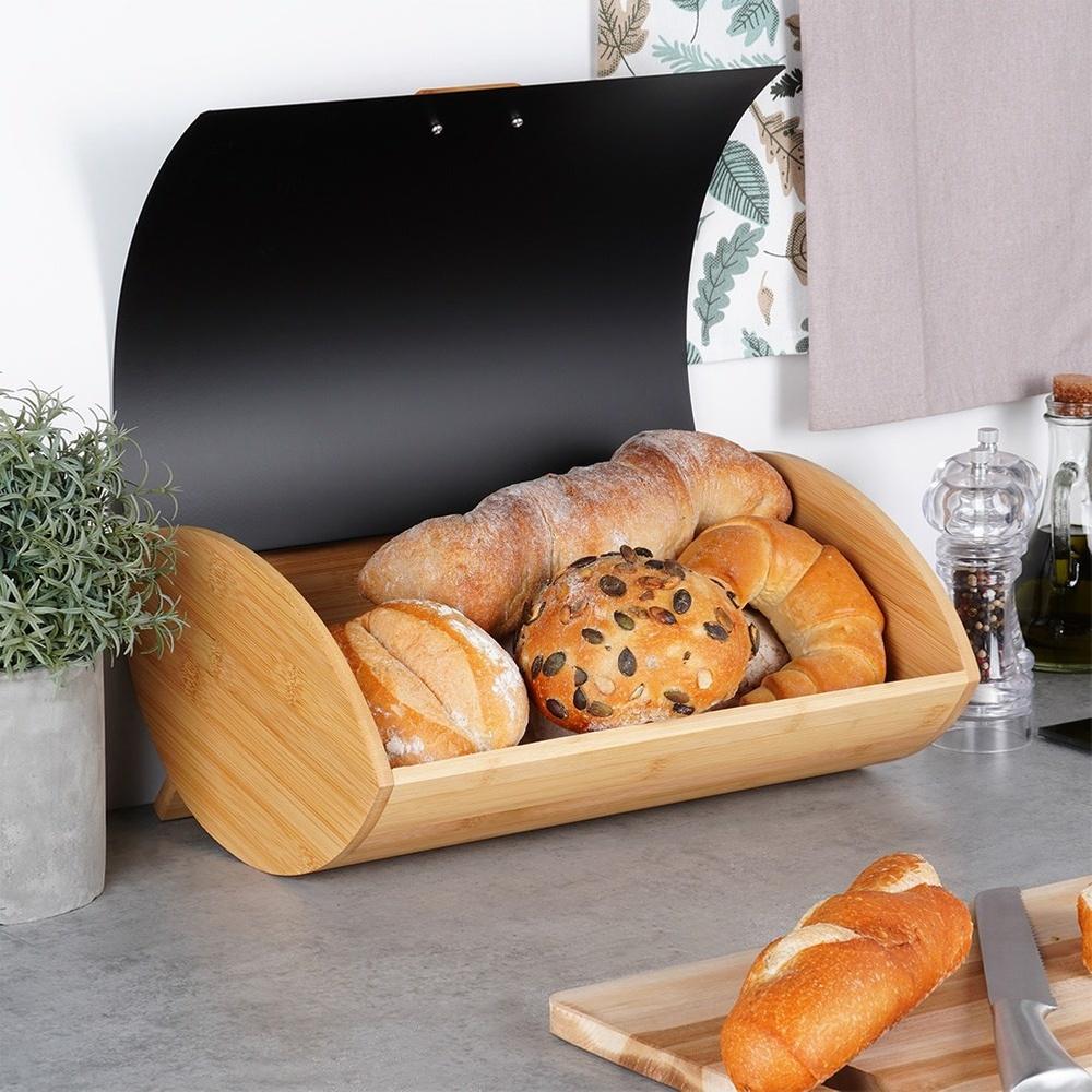 Wooden and metal bread bin, black, 35.5x24.5x15.5 cm