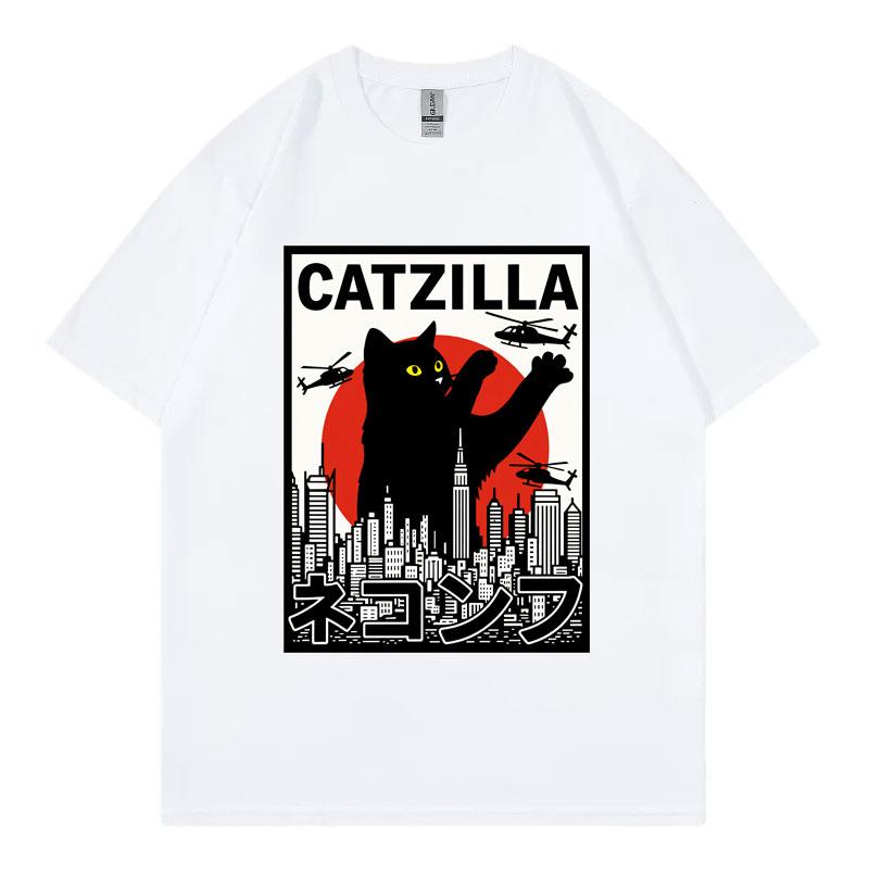 Catzilla Funny Cat Attack Graphic T Shirts Harajuku Japanese Unisexga Short Sleeve Tshirts Unisex Unisex Casual Fashion Loose Tshirt