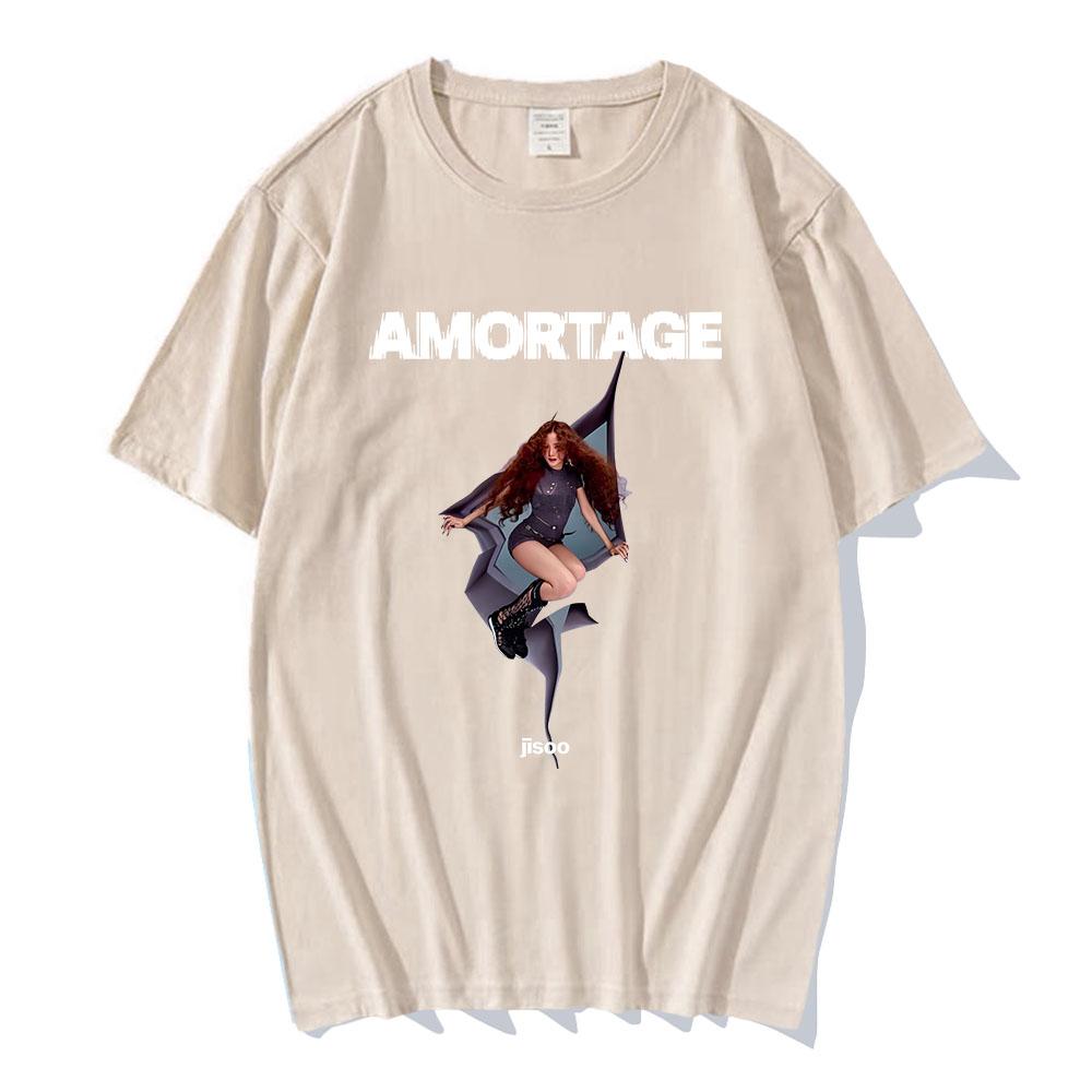 Уличная одежда Футболка корейской певицы JISOO AMORTAGE Ropa Hombre Футболки в стиле хип-хоп Повседневные мужские женские хлопковые футболки Модные футболки в стиле хип-хоп