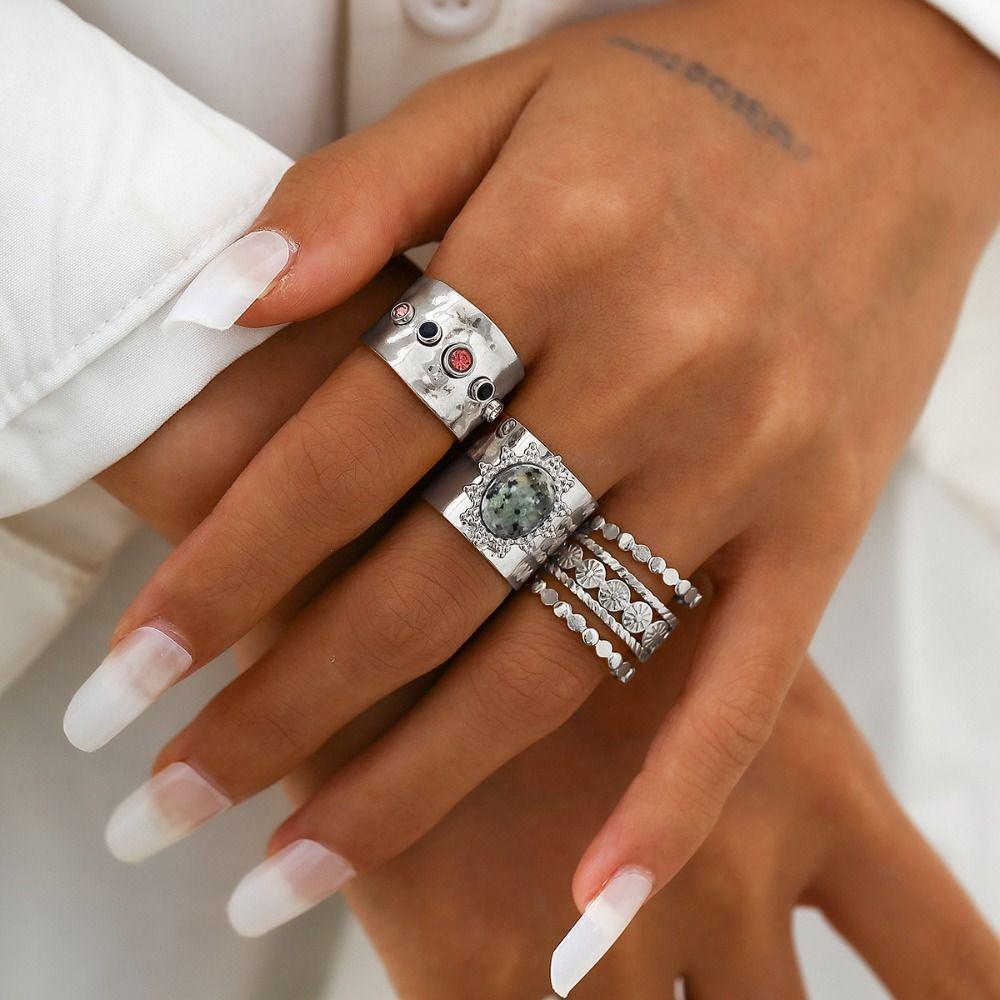 3Pcs Geometry Vintage Rhinestone Rings Gold Silver Women Finger Jewelry Punk Metal Open Ring Party