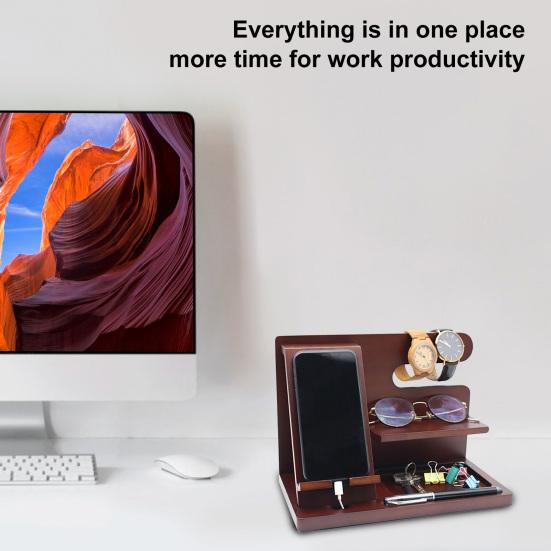 Phone Holder Stable Multifunctional Wooden Phone Organizer Key Wallet Watch Storage Shelf for Bedside Table