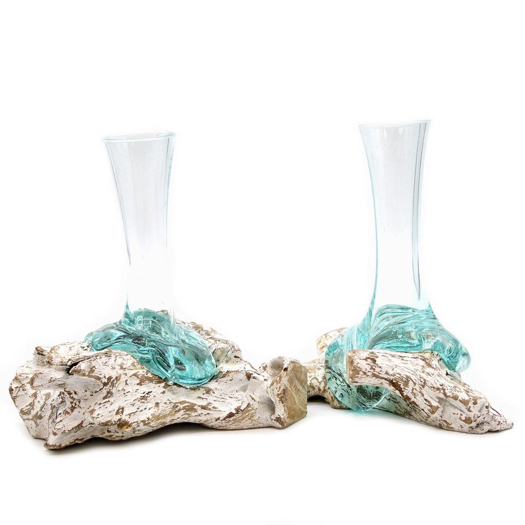 Recycled Molten Glass Vase on Wood Base