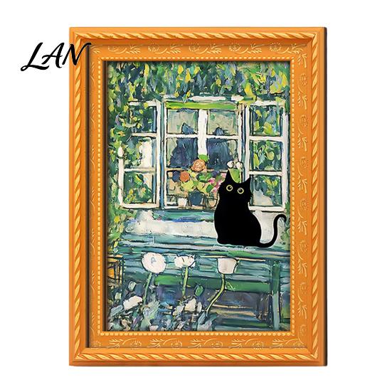 Decorative Fridge Magnets Oil Painting Cat Refrigerator Magnet, Wooden Frame Black Pattern Magnet Decor Theme Retro Rectangle Magnetic Decoration Home