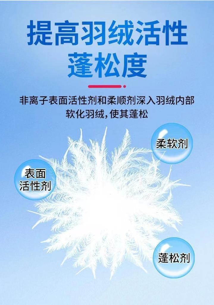Down jacket fluffiness agent, anti shrinkage, drying, recovery, care, cleaning detergent