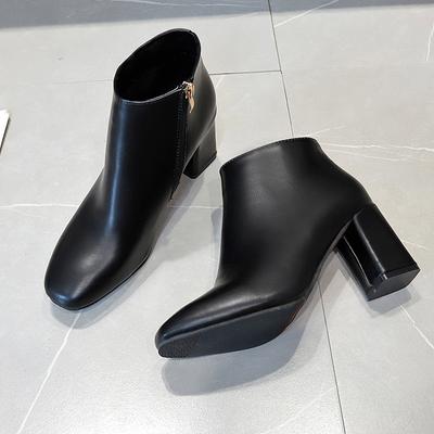 Модные ботинки Женская обувь 2024 Короткие ботинки Весна и осень Ботильоны на высоком каблуке Кожаные ботинки Женские ботинки с толстой боковой молнией