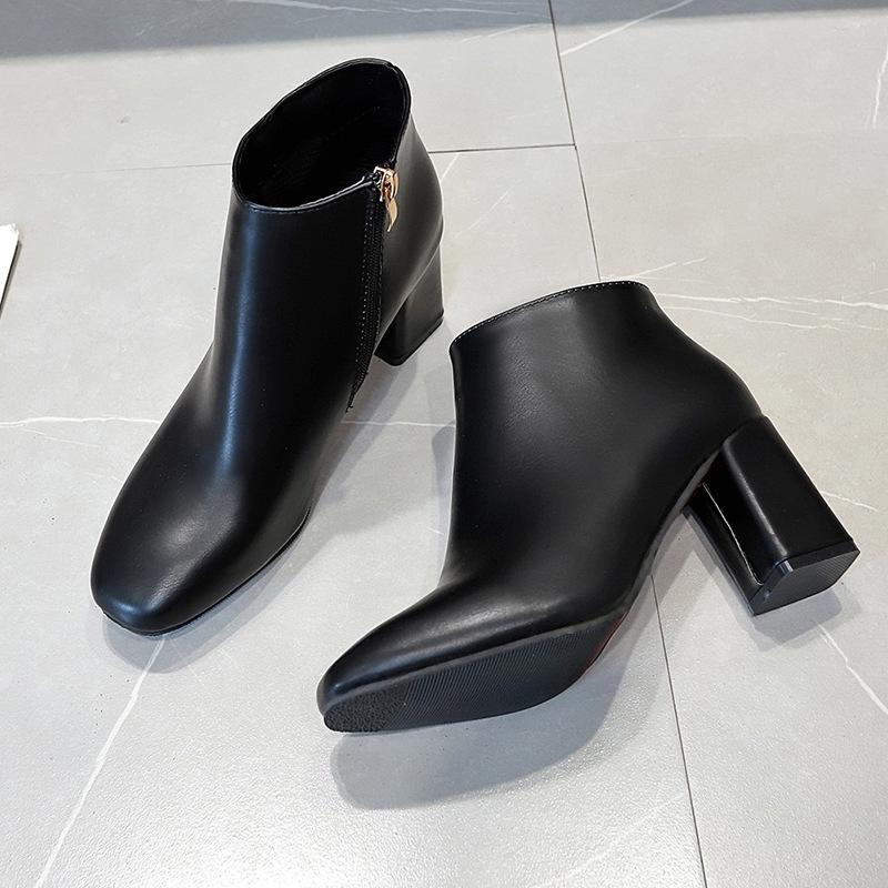 Ботинки женские 2024 короткие ботинки весна и осень высокие каблуки ботильоны кожаные ботинки толстый каблук боковая молния женские ботинки