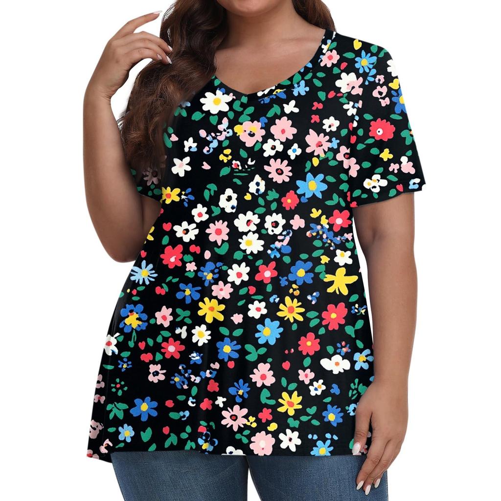 Женская мода повседневная футболка с коротким рукавом и V-образным вырезом большого размера с принтом