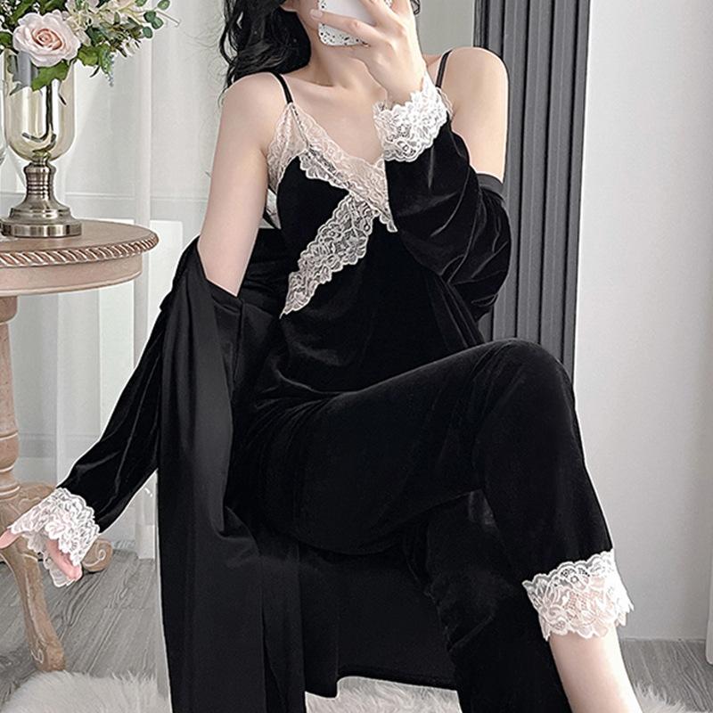 Golden velvet pajamas women's autumn and winter senior sense with chest pads three-piece set, spring and autumn sexy lace suspender nightgown set