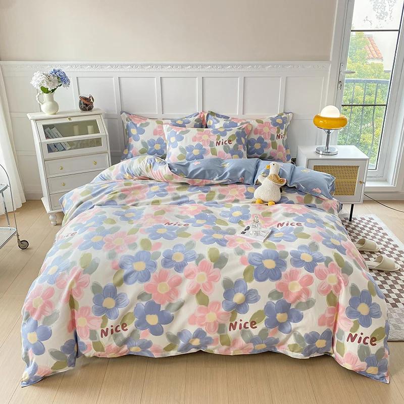 Цветочный пододеяльник в садовом стиле, 100% хлопок, бохо-эстетика, зеленый, с рисунком из разноцветных цветов, 3 предмета