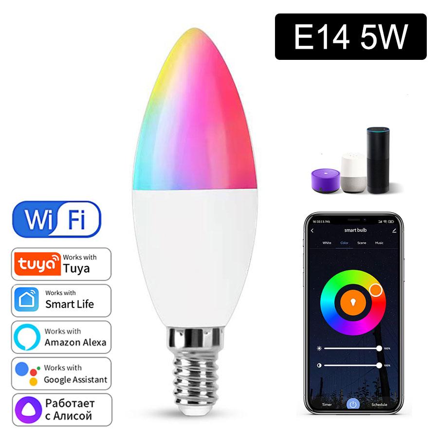 WiFi 220-240V E14 RGB+CW+WW Умная точечная лампочка Tuya Smart Life APP Голосовое управление Совместима с Alexa Google Диммируемая лампочка