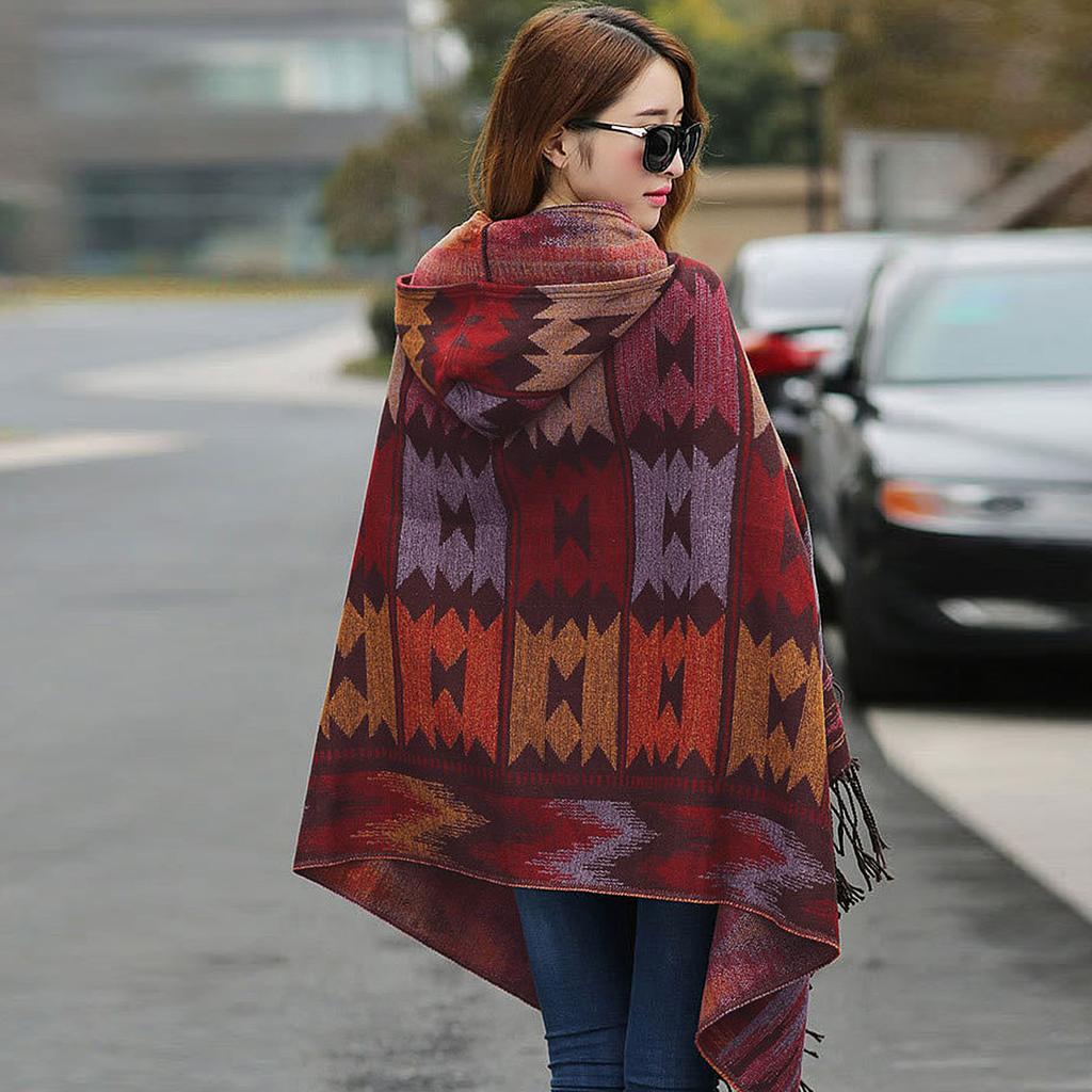 Vintage Women Autumn Hooded Cloak Geometric Buckle Tassel Warm Bohemian Casual Poncho