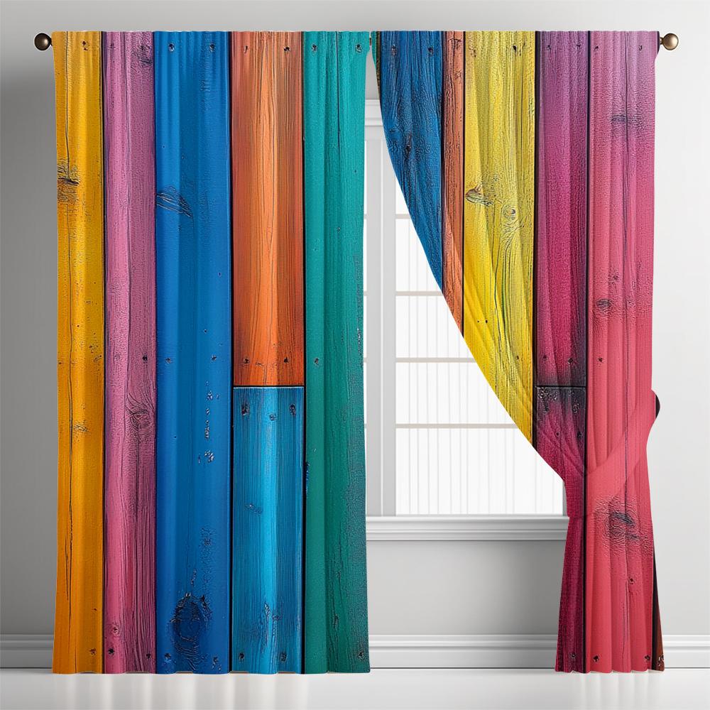 Vibrant Rainbow Wood Plank Curtains Set of 2 Rod Pocket Light Filtering Drapes – Boho Chic for Kitchen, Cafe, Living Room