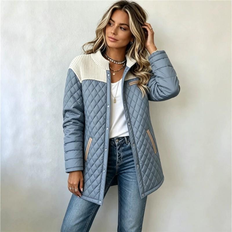 Womens Patchwork Cuff Loose Quilted Cotton Jacket Street Style Casual Winter Coat