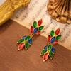 Gold-Plated Vintage-Style Leaf Stud Earrings with Multicolored Gemstones