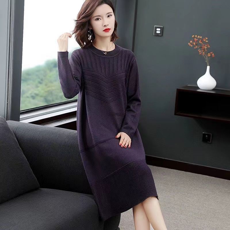 Вязаное платье-свитер до колен для женщин, осенне-зимнее, стильный пуловер средней длины и однотонное вязаное платье-пуловер с длинным рукавом