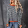 Autumn Winter Women's Round Neck Striped Contrasting Long Sleeved Casual Pullovers & Long Sleeves