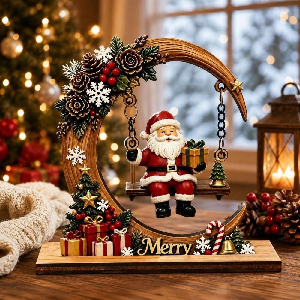 Moon Shape Christmas Ornaments Wooden Christmas Decoration Swing Santa Claus Decoration Christmas